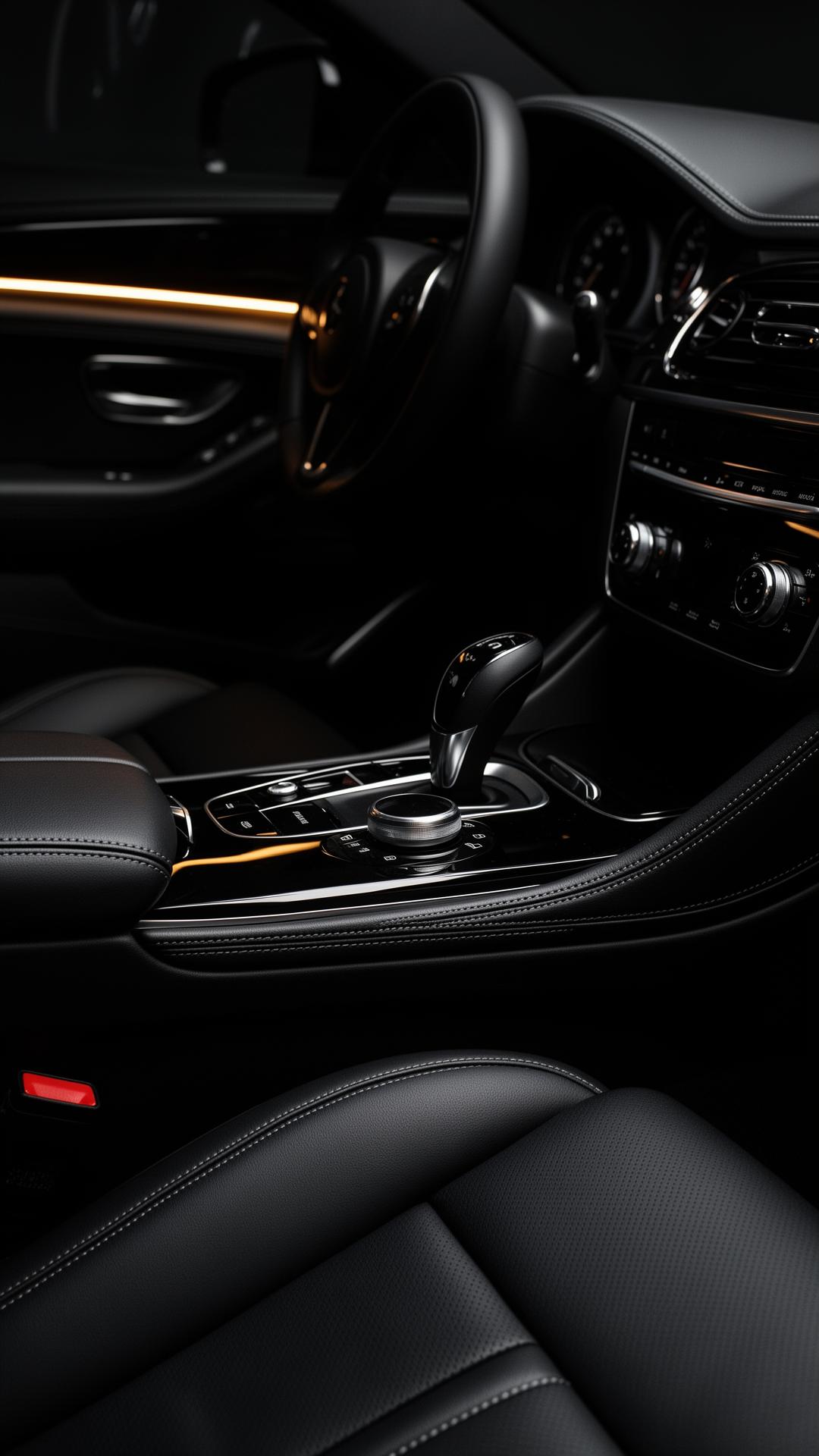 Spotless luxury car interior with leather seats and polished dashboard